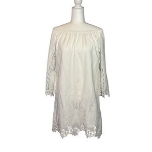 Cliche white cotton off-the-shoulder sack dress with intricate embroidered sleev